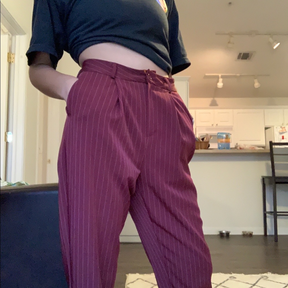 F21 Pinstripe Work Pants in Burgundy and White